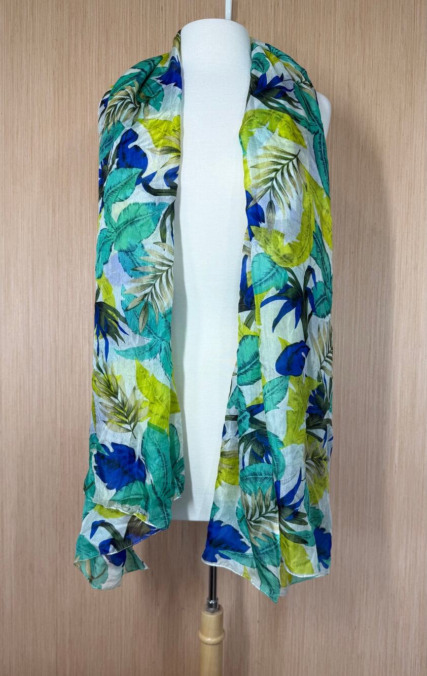 100% Silk Leaf Print Scarf Shawl Wrap Made In India Ivory Green Blue 39"x70"